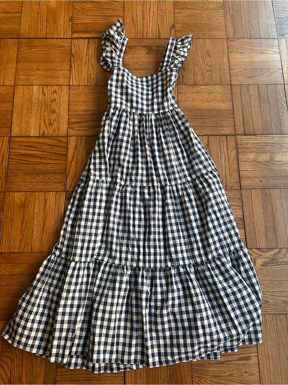 Reformation Navy and White Gingham Tiered Maxi Dress
